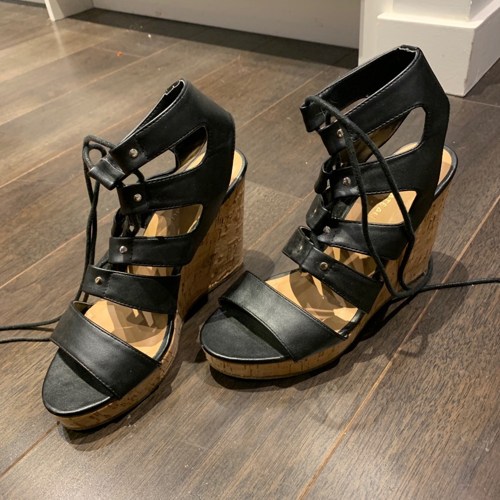 Black lace up wedges